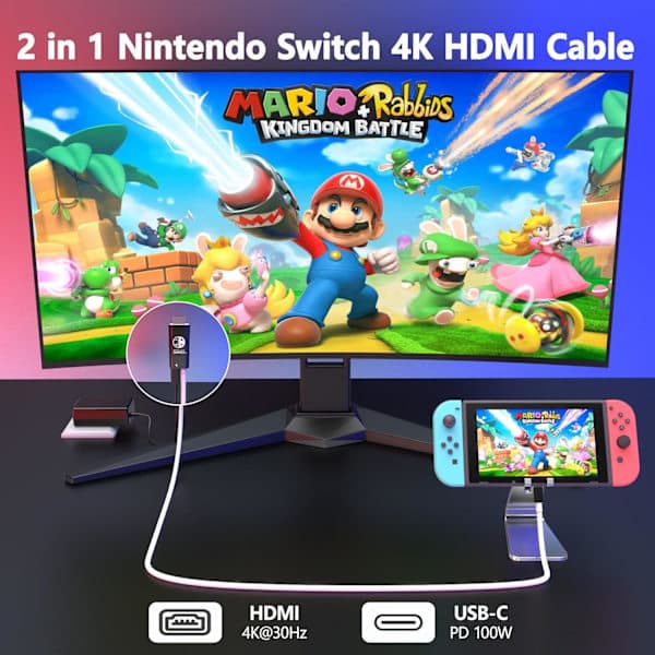 USB C til HDMI-kabel for Nintendo Switch/OLED, 3-i-1-kabel med