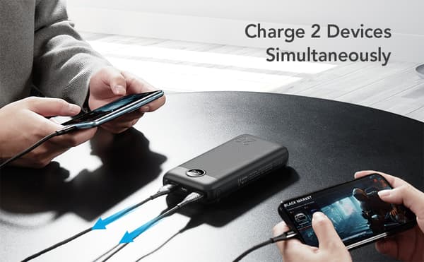 20.000 mAh Powerbank — Dobbelte porte med strømdisplay Black