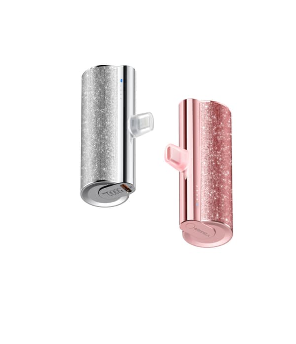 Plug on 5000mAh Mini bærbar lader med innebygd kabel for iPhone og Android Lipstick-C Pink