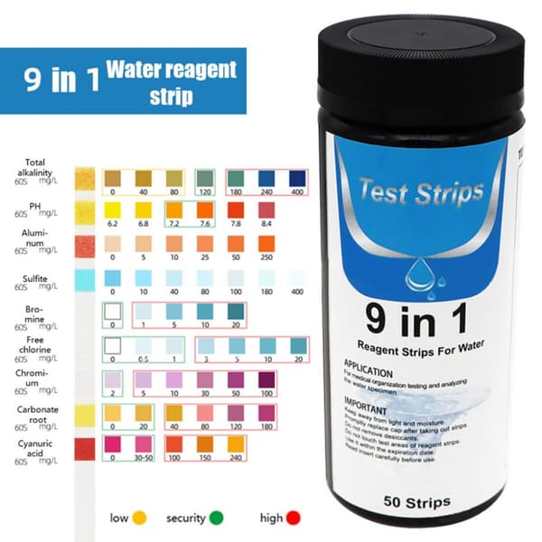 Vandkvalitetsteststrimler, 9-i-1 Svømmepøl Testkit til pH, Klor Brom, Nitrat, Nitrit, Total Alkalinitet, Hårdhed og Mere, Bærbar