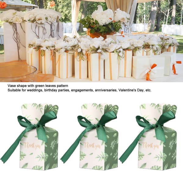 Godteribokser for bryllup, bursdagsfest, gaveesker med bånddekorasjon, blomsterdesign, solid papirmateriale, enkle å montere, vaseform, blad