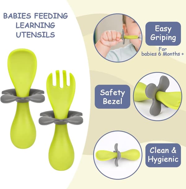 Babysked och gaffel, ergonomiska bestick för bebisar, ergonomiska bestick för inlärning