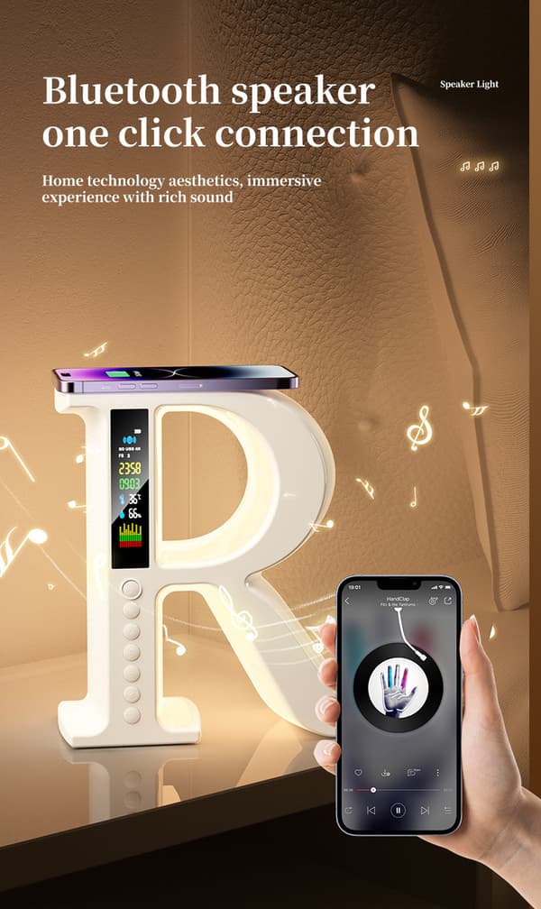 R-formet multifunksjonell Bluetooth-høyttaler med trådløs hurtiglading og RGB-stemningslys