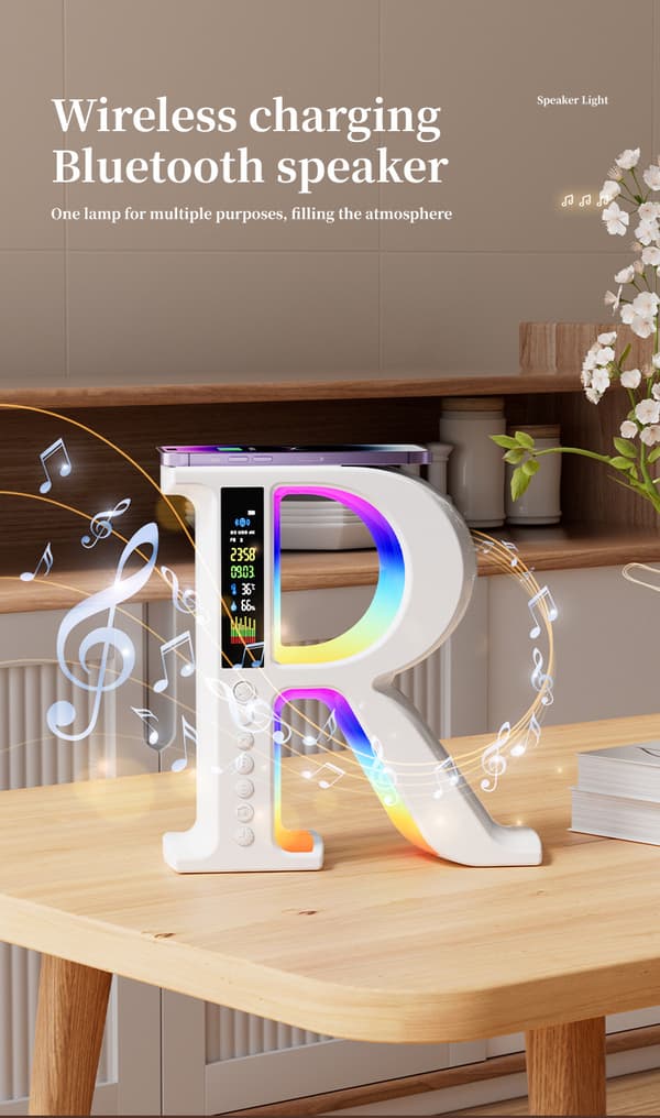 R-formet multifunksjonell Bluetooth-høyttaler med trådløs hurtiglading og RGB-stemningslys