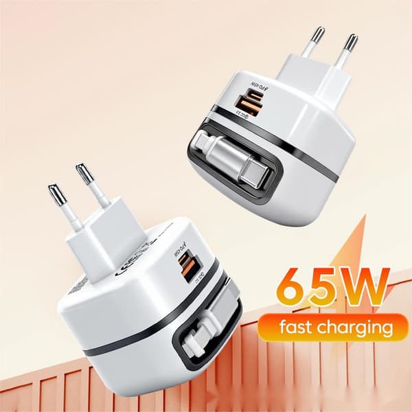 65W snabbladdningsadapter med infällbar kabel: Kompakt och bärbar med vikbart stativ