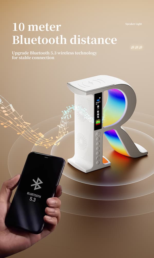 R-formet multifunksjonell Bluetooth-høyttaler med trådløs hurtiglading og RGB-stemningslys