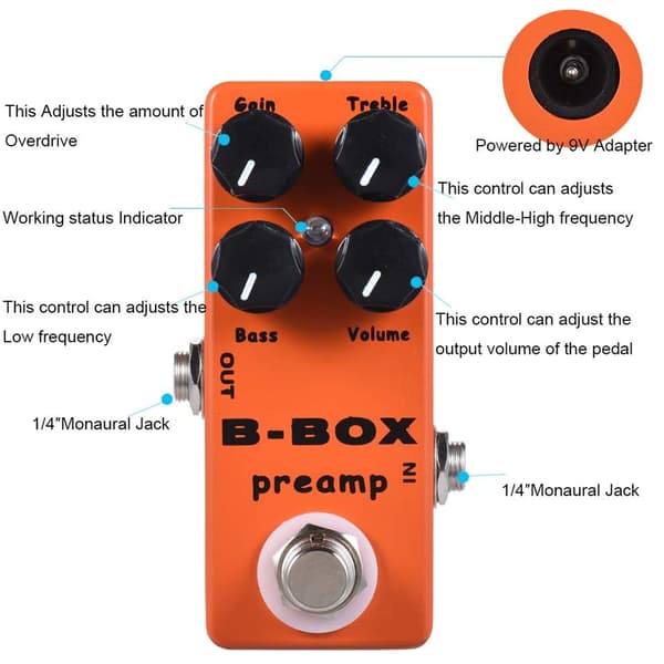 Overdrive Effektpedal för Elgitarr, True Bypass Analog Signal Preamp med Justerbara Rattar Gain Bas Diskant Volymkontroll, Full Metallskal