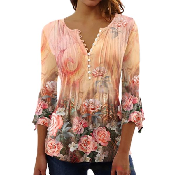 3/4 Sleeve Toppar Swing T-Shirt Sommar Tunika Elegant Långvarig Orange M