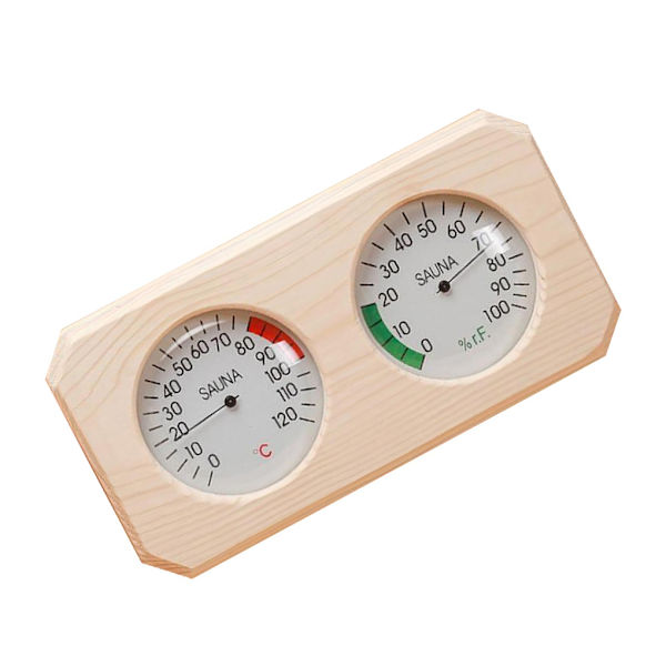 2 i 1 furu Trä Fuktighet Temperatur Bastu Hygrothermograph