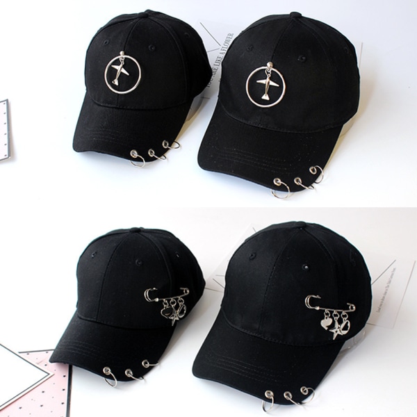 Baseballkeps i Hip Hop-stil i bomull med cap med ring-baseballdekor Pin Black