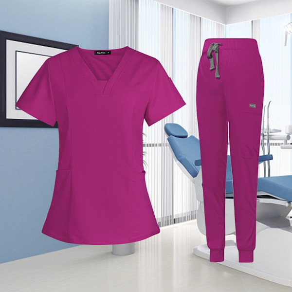 1/2 kvinnlig Scrub Set Nurse v-ringning Maskintvättbar kort Rose Red S 1Set