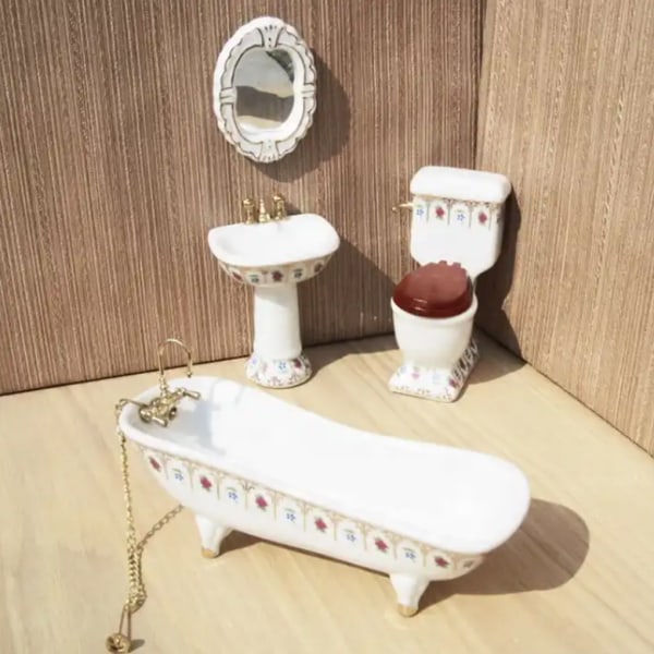 1/2/3/5 Miniatyr Badkar Toalett Handfat Spegel Set Keramik Robust type 3 1Set