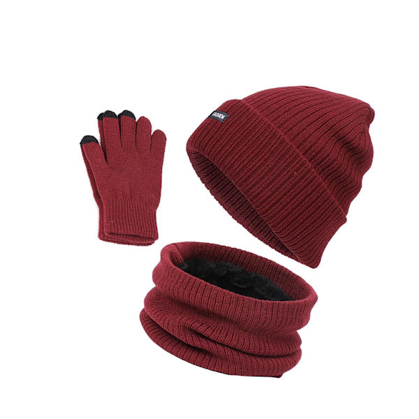 1/2 Beanie Hat Scarf Handskar Set Varm mjuk bomull för skidcykling Red 1Set