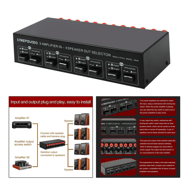 2 in 4 Out Högtalarväljare Switch Box 4 Zone Multi-Zone