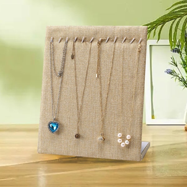 Halsband Hänge Display Stand Hållare Smyckesställ för bordsskiva Beige Linen 24 x 20cm