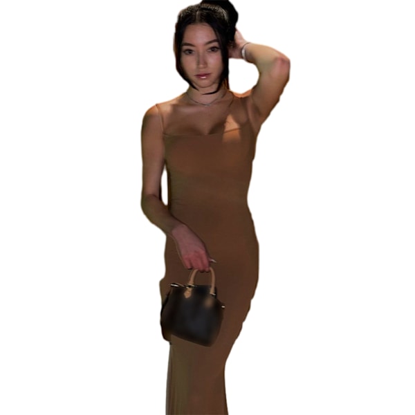 Lång kjol Bodycon Klänning Festkläder Midi Asymmetrisk Brown/L