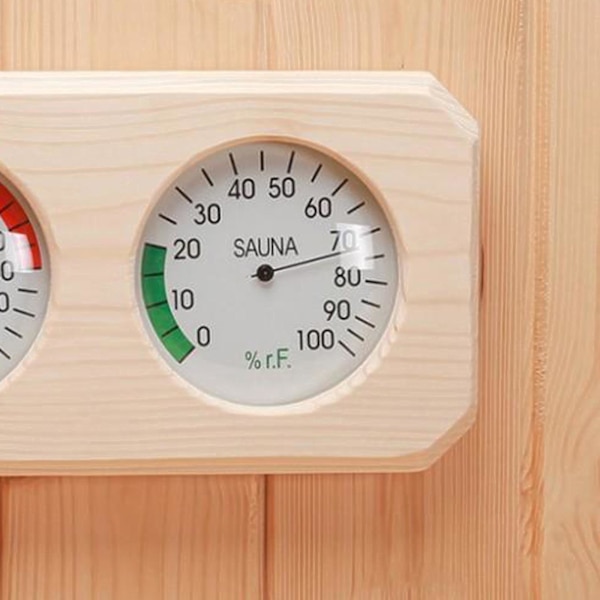 2 i 1 furu Trä Fuktighet Temperatur Bastu Hygrothermograph