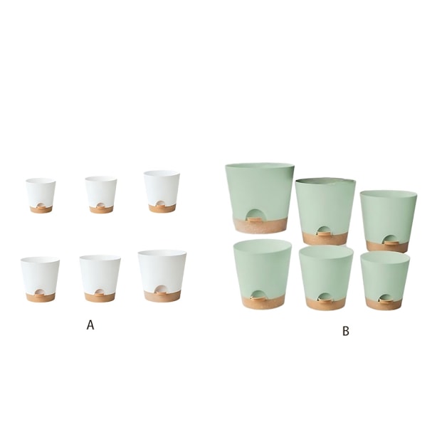 6x lätta och bärbara blomkrukor med dräneringssystem - Green pot brown tray