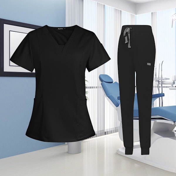 1/2 kvinnlig Scrub Set Nurse v-ringning Maskintvättbar kort Black M 1Set