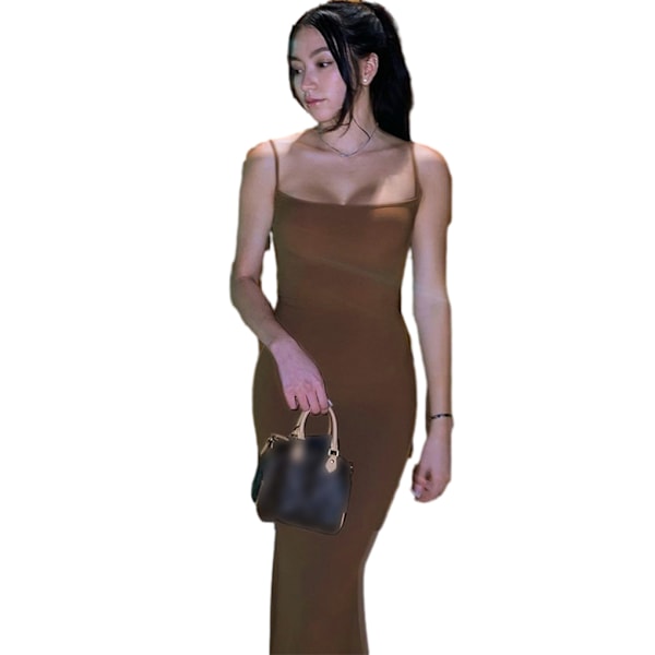 Lång kjol Bodycon Klänning Festkläder Midi Asymmetrisk Brown/XS