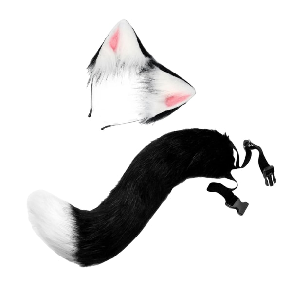 1/2 Faux Long Tail Costume Dress För Fox Ears Hair Hoop Black White 1Set
