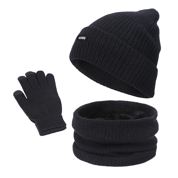 1/2 Beanie Hat Scarf Handskar Set Varm mjuk bomull för skidcykling Black 1Set