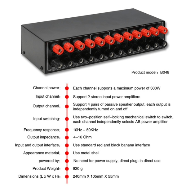 2 in 4 Out Högtalarväljare Switch Box 4 Zone Multi-Zone