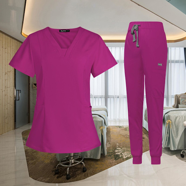 1/2 kvinnlig Scrub Set Nurse v-ringning Maskintvättbar kort Rose Red M 1Set