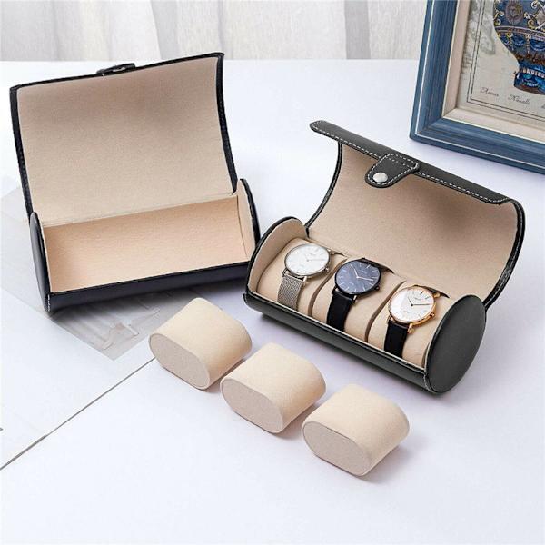 3 Slot Watch Box Resor PU Läder Roll Case Smycken Förvaring black