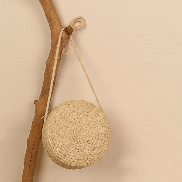 Rund stråväska Dam vävd strandväska Handgjord stickad handväska beige