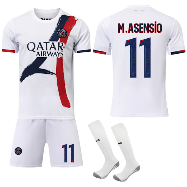 2024-2025 Paris Saint-Germain Vieraslasten Aikuisten Valkoinen Jalkapallopaita Setti Sukkien Kanssa No.11 M.ASENSIO L