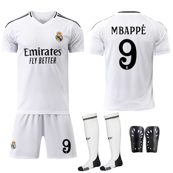 24-25 Real Madrid Hemma Barn Vuxen Fotbollströja Jersey Nr.9 Mbappé With socks+kneepad 26