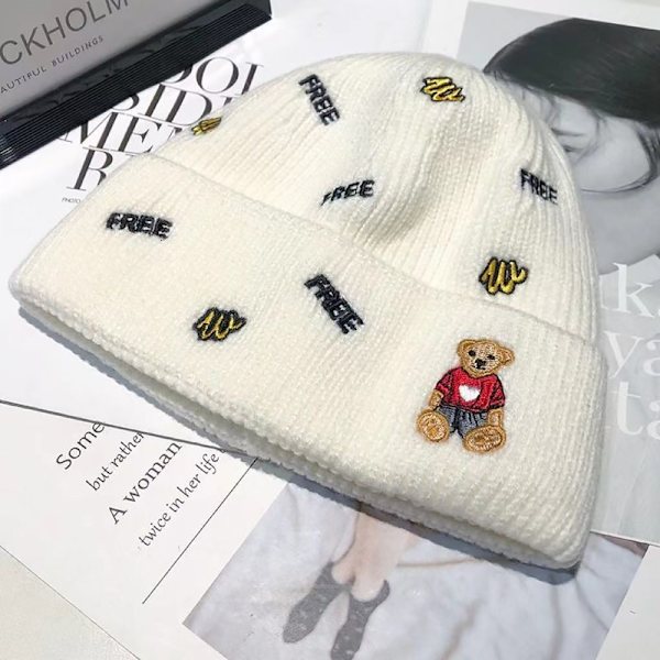 Kvinnor Flickor Vinter Varm Cartoon Bear Tjock Beanie Mjuka Virkade Hattar white