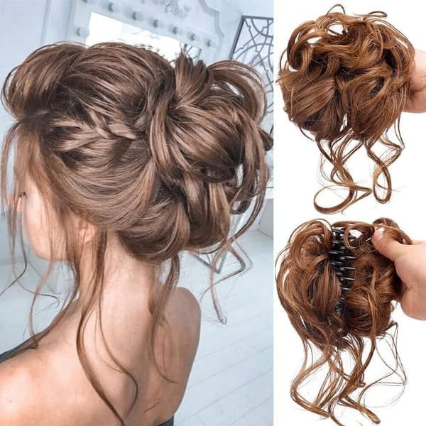 Naturlig clip-on hårbit för rufsigt hårknut, hårklämma, bröllop light brown