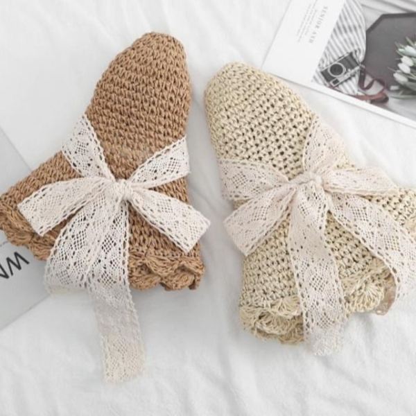 Kvinnor sommarhatt hopfällbar ihålig spetsstrimning halmhatt strandhatt Beige