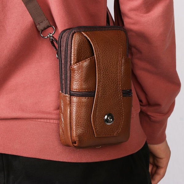 Midjeväska för män i äkta läder Crossbody mobiltelefonväska brown