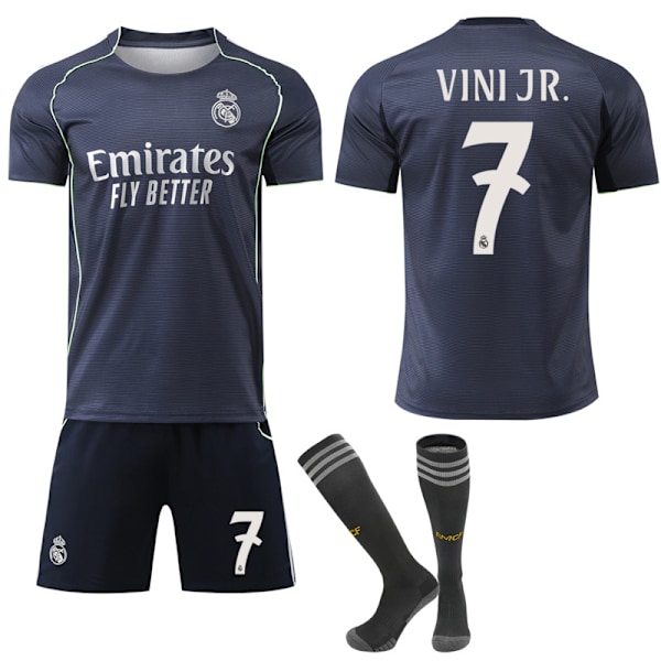 2025-2026 Real Madrid Nya Säsongen Bortaställ Barn Vuxen Fotbollströja Kit med Strumpor No.7 VINI JR M