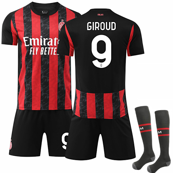 2025-2026 AC Milan Hjemmebanetrøje til Børn og Voksne med Strømper No.9 GIROUD S