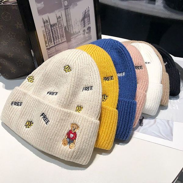 Kvinnor Flickor Vinter Varm Cartoon Bear Tjock Beanie Mjuka Virkade Hattar khaki