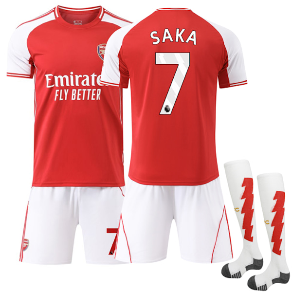 2025-2026 Arsenal Hjemme Barn Voksen Fotballdrakt Sett med Sokker No.7 Saka M