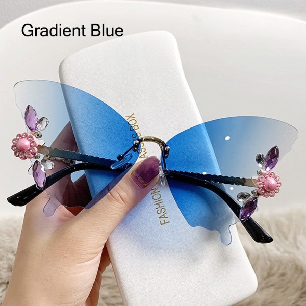 Crystal Butterfly Solglasögon Vintage båglösa festglasögon UV400 Gradient Blue