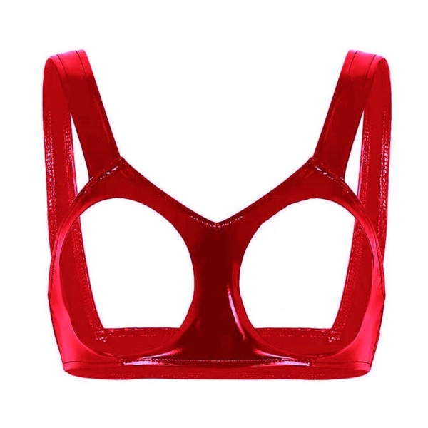Kvinnor Läder BH Nattklubb Exposed Chest Crop Tops Red M