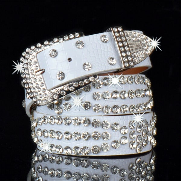 Dam Rhinestone Bälte Läder Bling Crystal Glitter Midjeband white