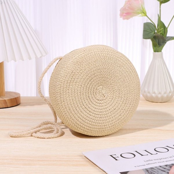 Rund stråväska Dam vävd strandväska Handgjord stickad handväska beige
