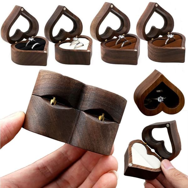 Smyckeskrin i trä, hjärtformad ringdisplaybox beige