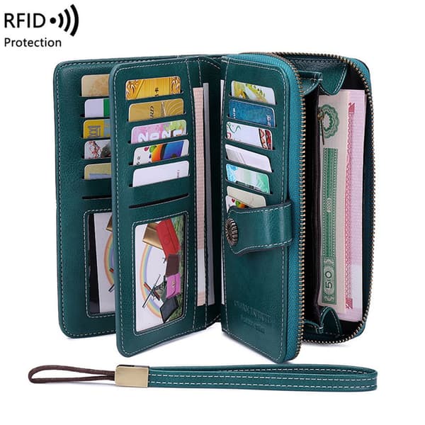 RFID Stöldskydd Läderplånböcker Lång Dragkedja Stor Clutch Väska Grey
