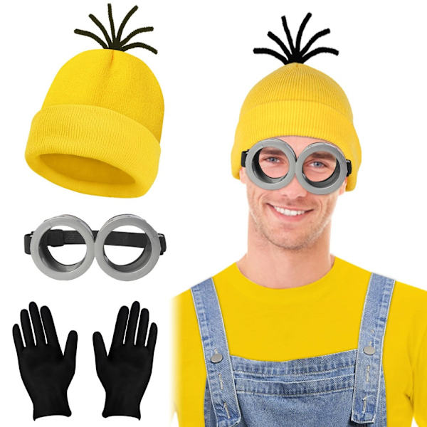 3-pack Halloween-kostymer: Beaniehatt, Minion-glasögon och handskar - Despicable Me Cosplay-tillbehör