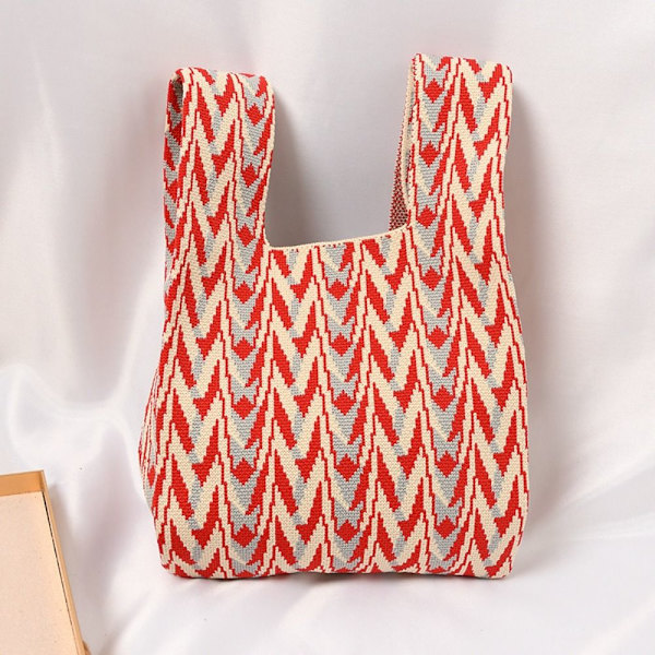 Handgjord Stickad Handväska Dam Mini Knot Handledsväska Shoppingväskor red