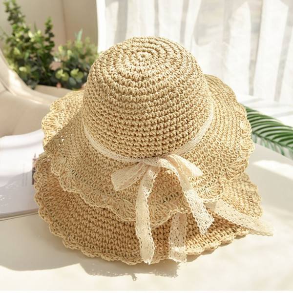 Kvinnor sommarhatt hopfällbar ihålig spetsstrimning halmhatt strandhatt Beige