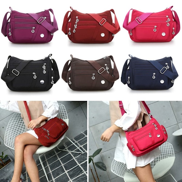 Kvinnor Causal Cross Body Bag Axelväska Multi Layer Nylon Handväska rose red
